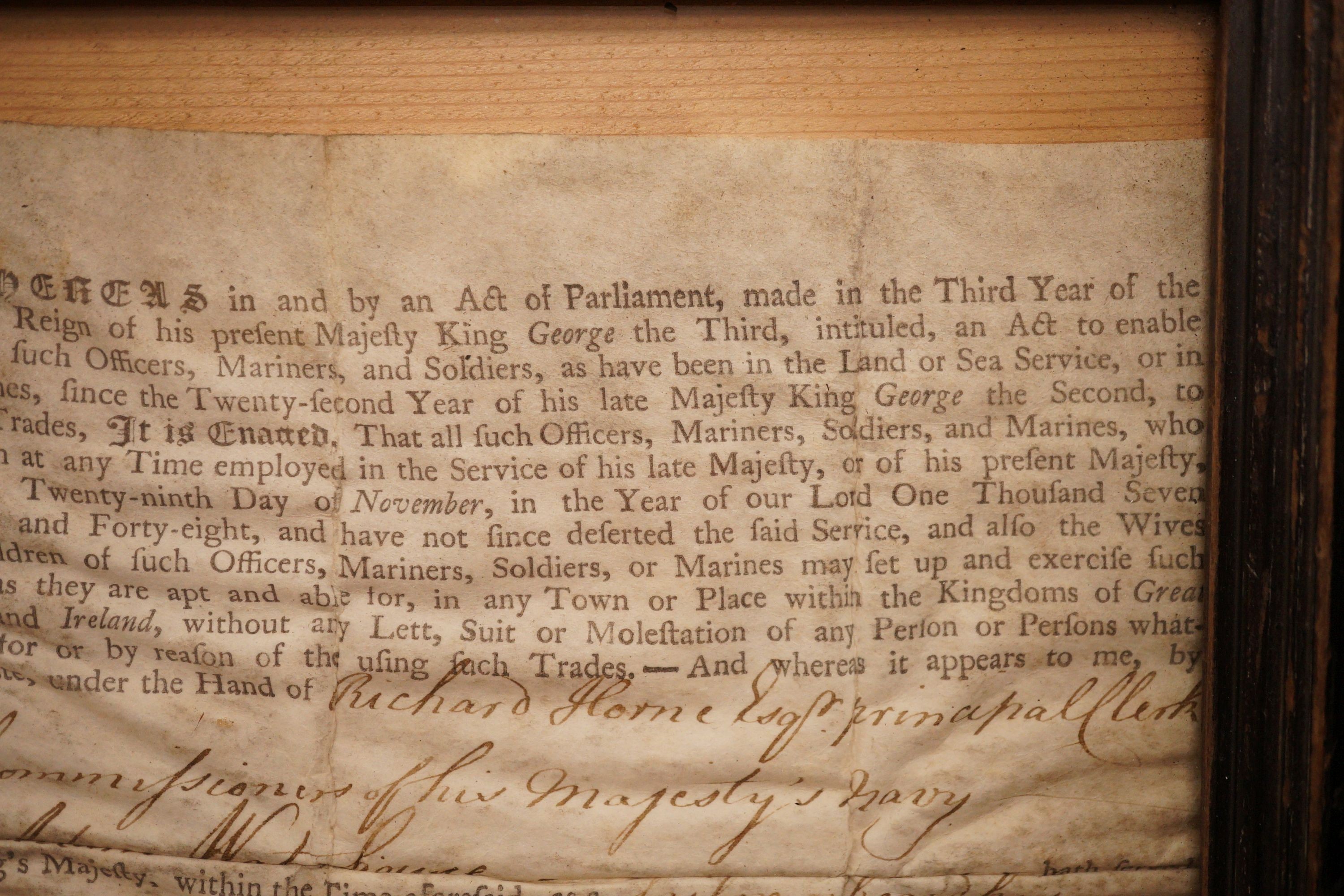 A framed Press Gang exemption for Adam Waterhouse of HMS Foudroyant, dated 1763